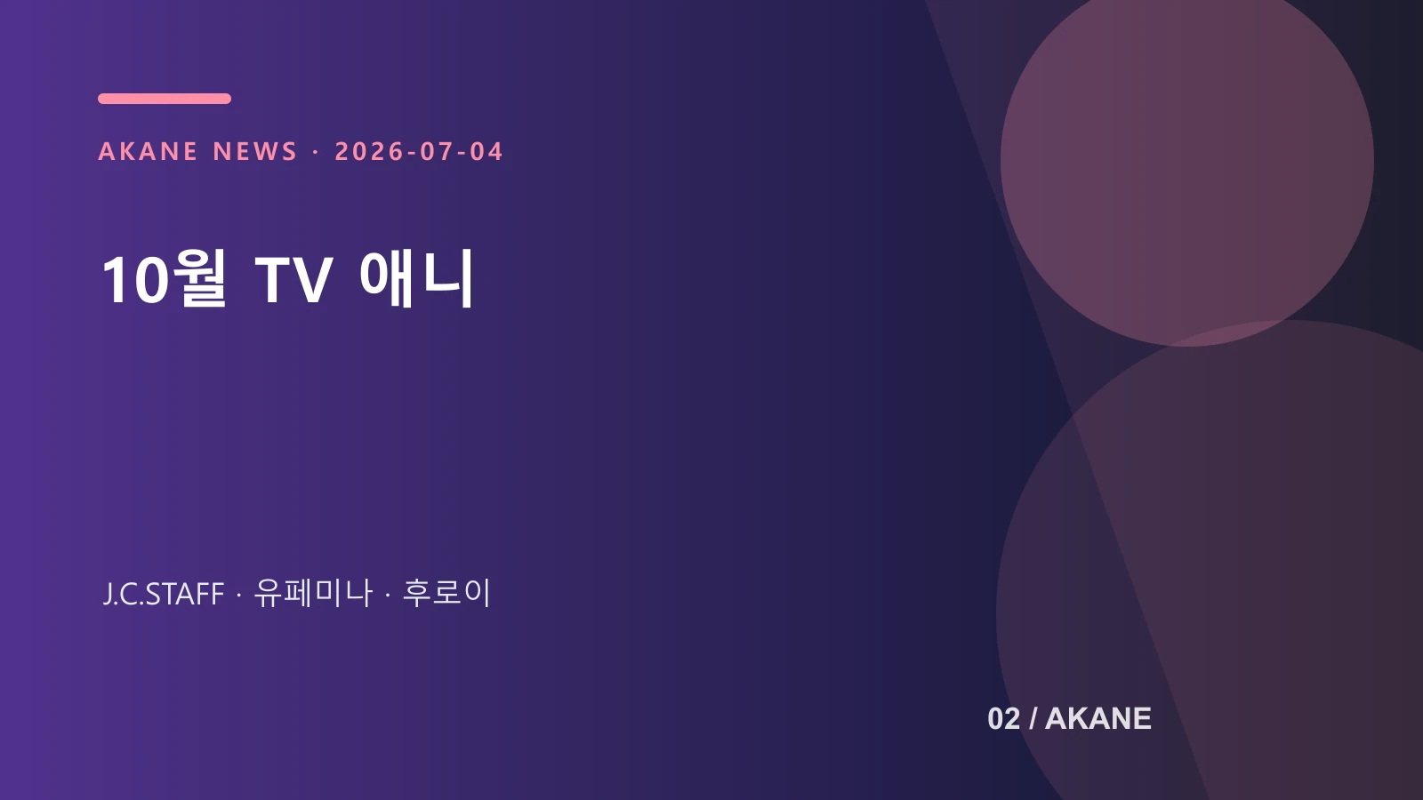 템빨 애니메이션의 신규 배역과 방송 계획을 정리한 아카네 제작 이미지