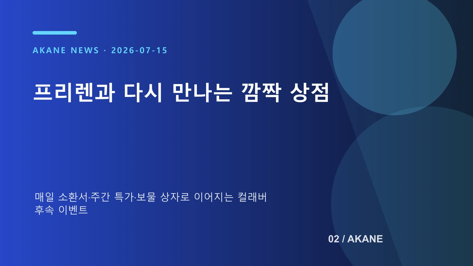 프리렌 컬래버 깜짝 상점의 기간과 보상 구조를 정리한 아카네 인포그래픽