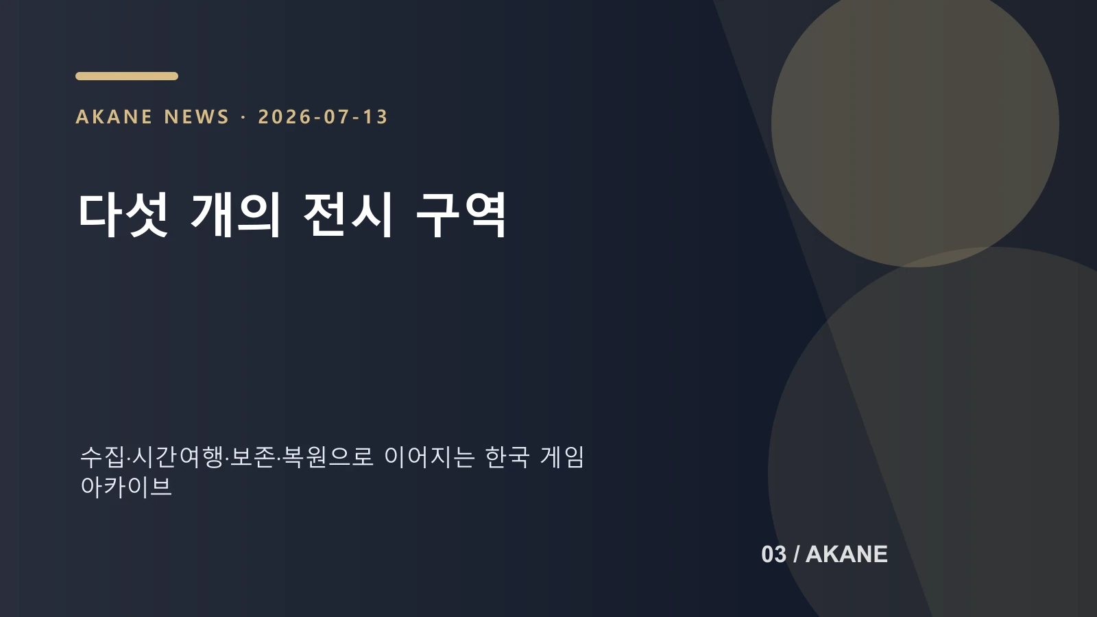 한국 게임 아카이브 전시의 다섯 구역을 설명하는 아카네 편집 이미지