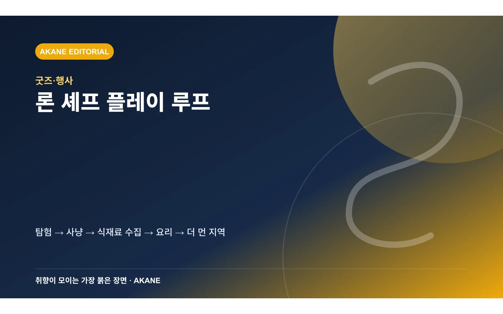 탐험부터 요리까지 이어지는 ‘론 셰프’ 플레이 구조를 정리한 아카네 정보 카드