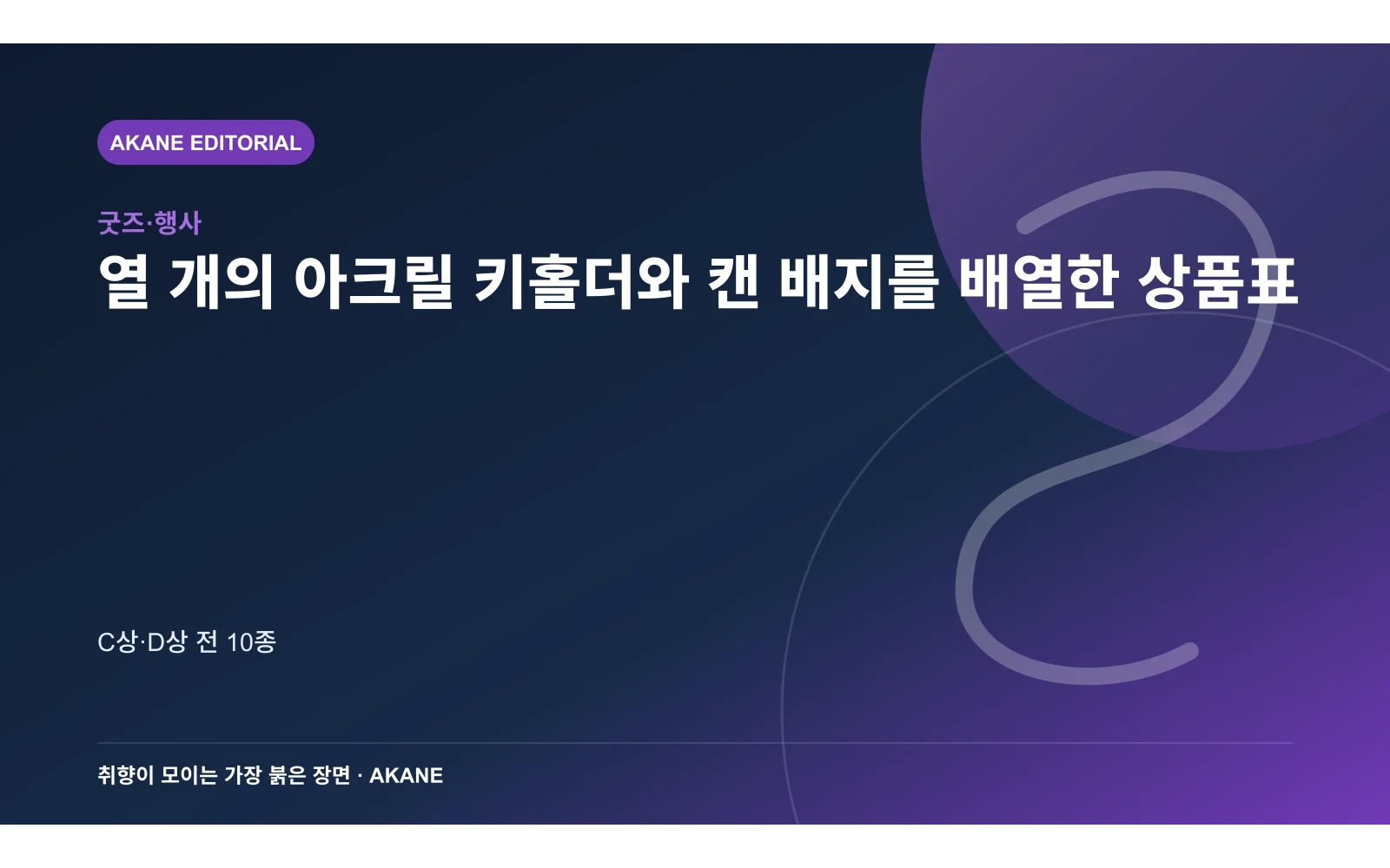 열 개의 아크릴 키홀더와 캔 배지를 배열한 상품표. C상·D상 전 10종의 핵심 정보를 시각화한 아카네 편집 이미지