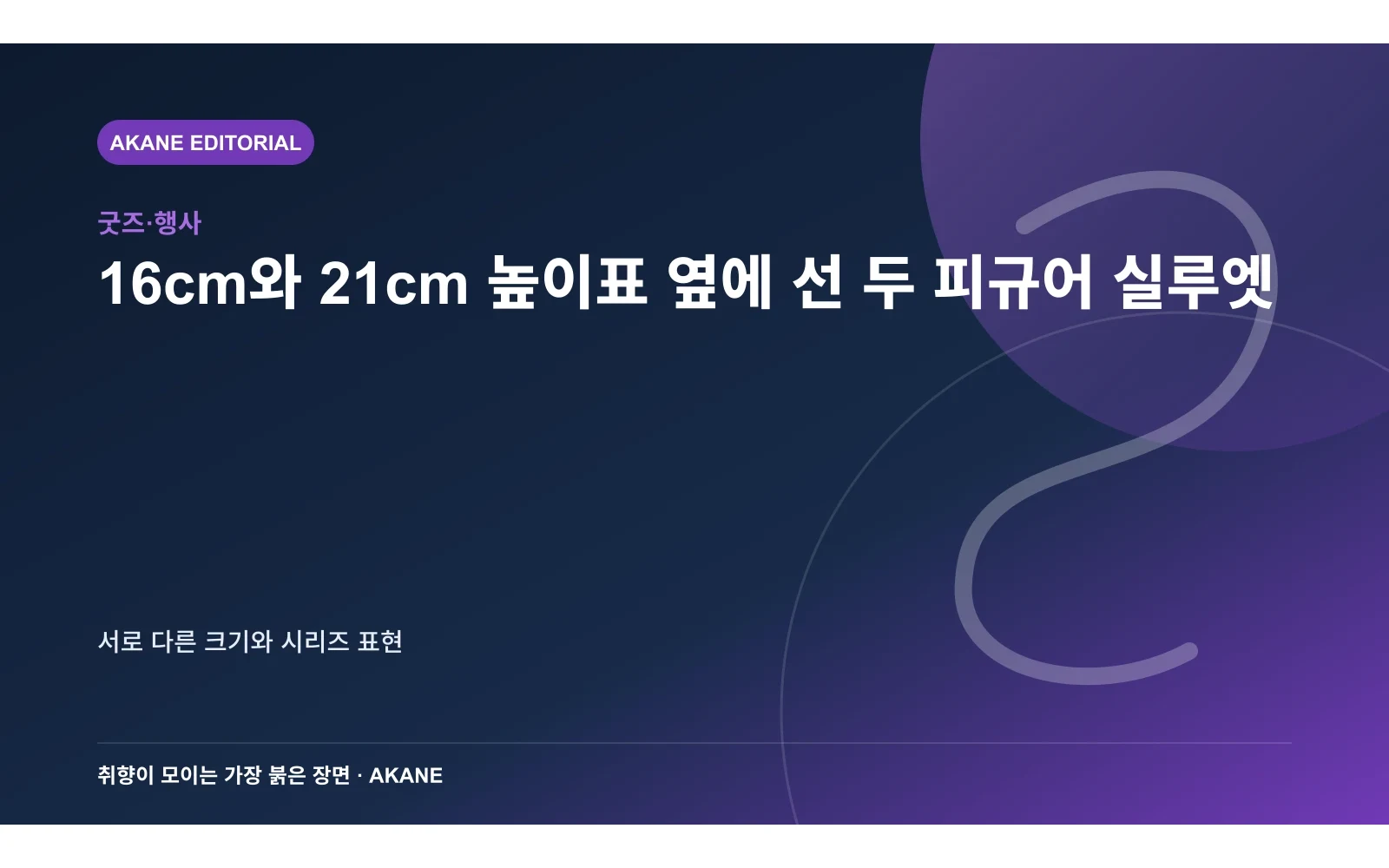 16cm와 21cm 높이표 옆에 선 두 피규어 실루엣. 서로 다른 크기와 시리즈 표현의 핵심 정보를 시각화한 아카네 편집 이미지