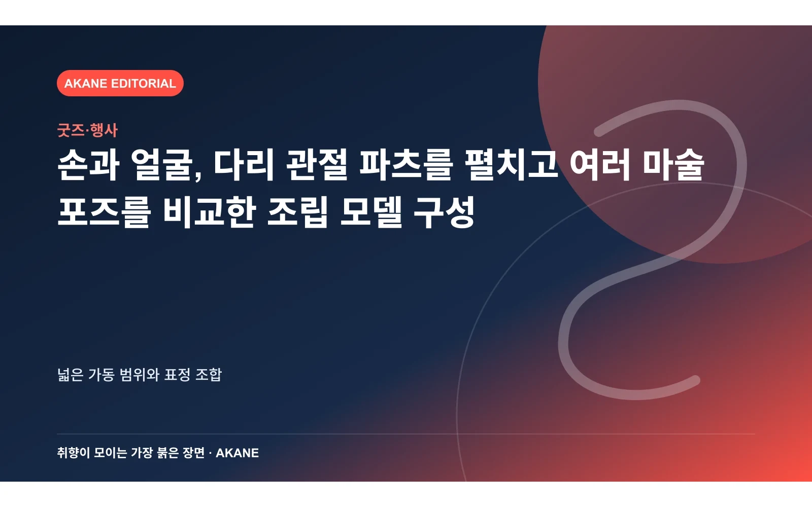 손과 얼굴, 다리 관절 파츠를 펼치고 여러 마술 포즈를 비교한 조립 모델 구성. 넓은 가동 범위와 표정 조합의 핵심 정보를 시각화한 아카네 편집 이미지