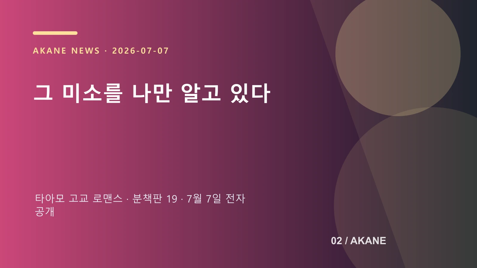 분책판 19의 인물 관계와 공개일을 정리한 아카네 제작 이미지